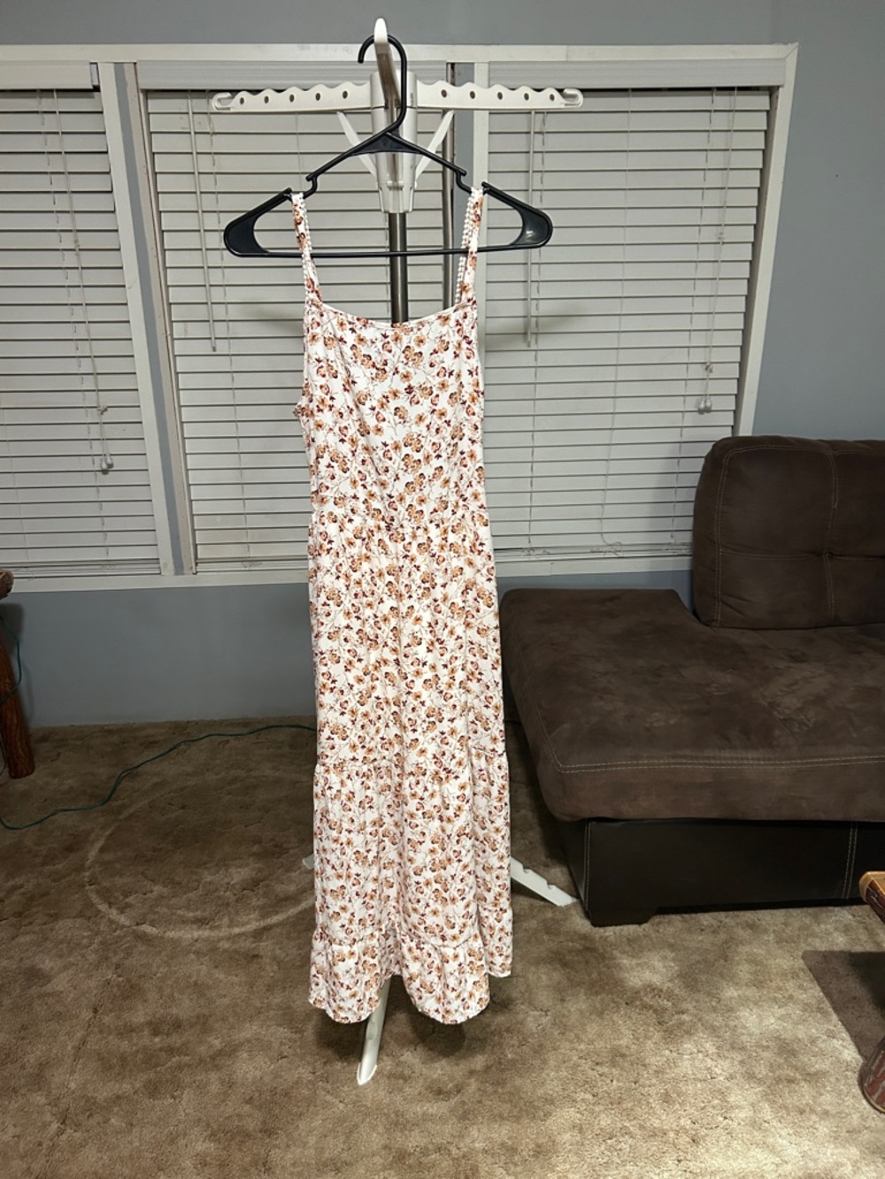 Floral Spaghetti Strap Maxi Dress - White with Brown Floral
